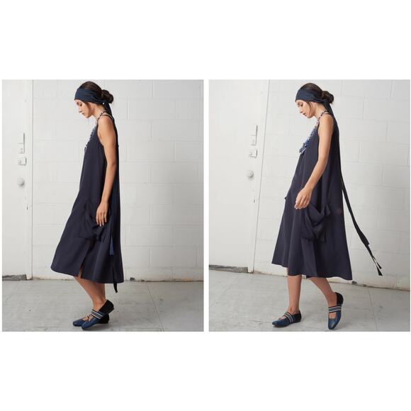 Tank Shift Apron Midi Dress by WE-AR4 Black Minimalist Oversized Pockets L - Picture 1 of 6